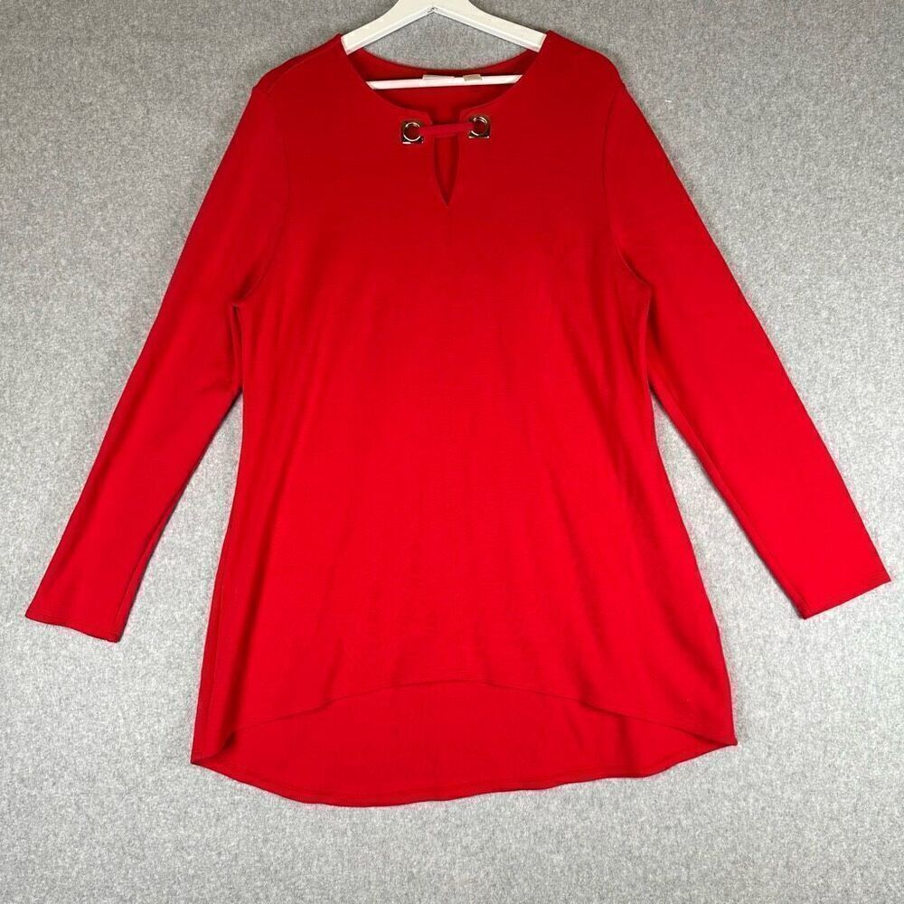 Chicos Women’s Size 3 Hi Low Hem Keyhole Tunic Top Red Shirt Long Sleeve V Neck